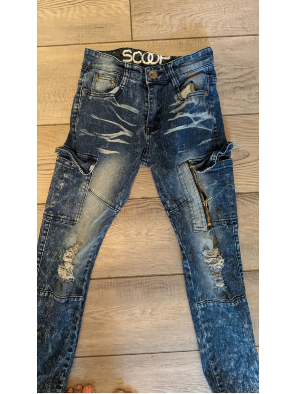 Scoop Boys Distressed Cargo Moto Jeans Utility Zipper Blue Denim Size 8